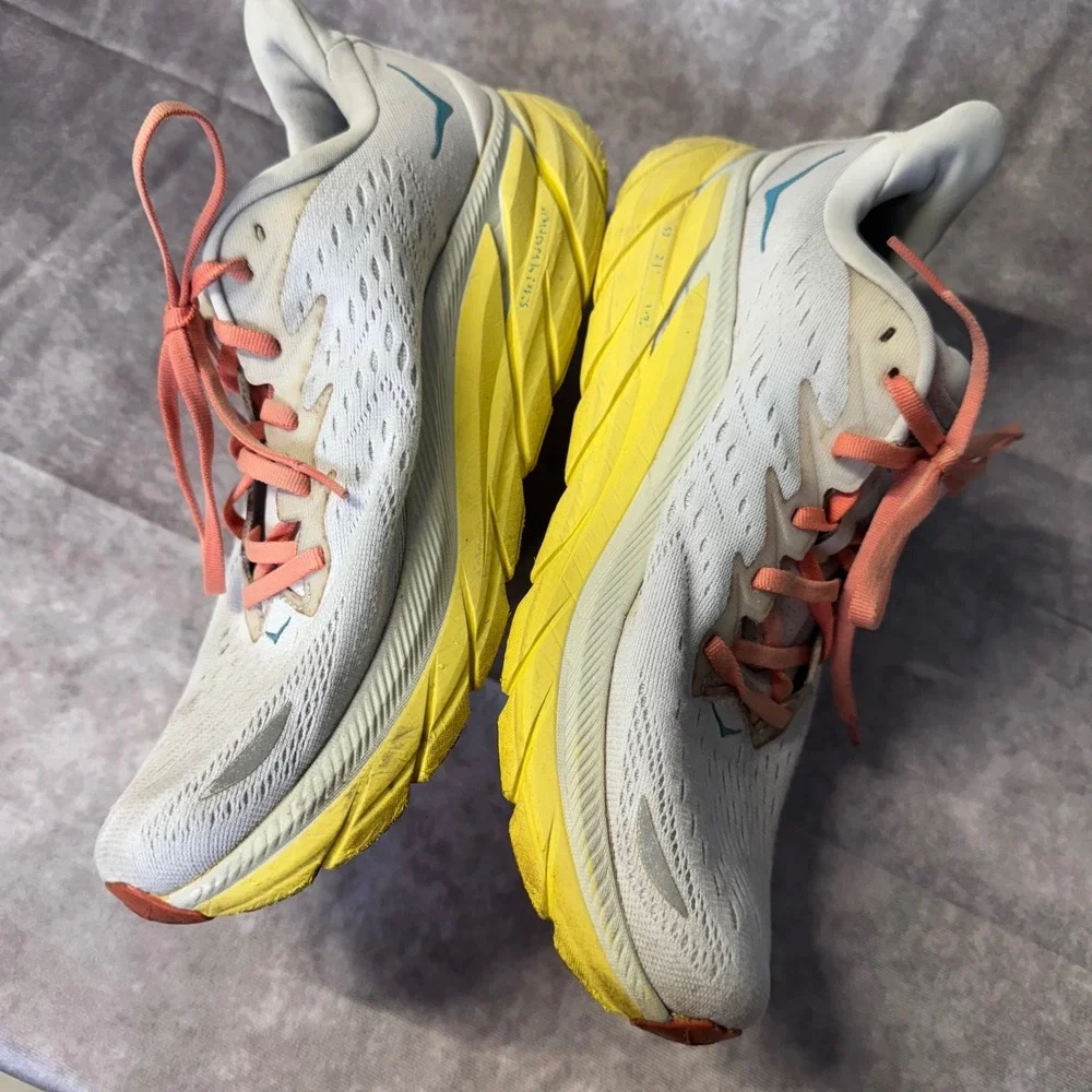 Hoka Clifton 8 Mens 11D Road Running Shoes White Yellow Coral Teal Sneaker